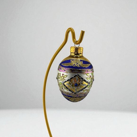 Unique Treasures Hand Blown Glass Egg Ornament w/ Blue and Gold Accents Crystals - Picture 1 of 9